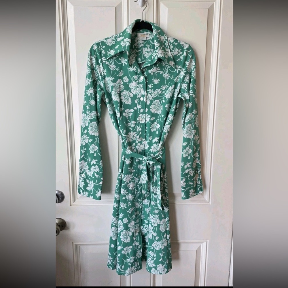 70s Vintage  Green button Up Floral Spring  Midi Dress, Women's Size Small